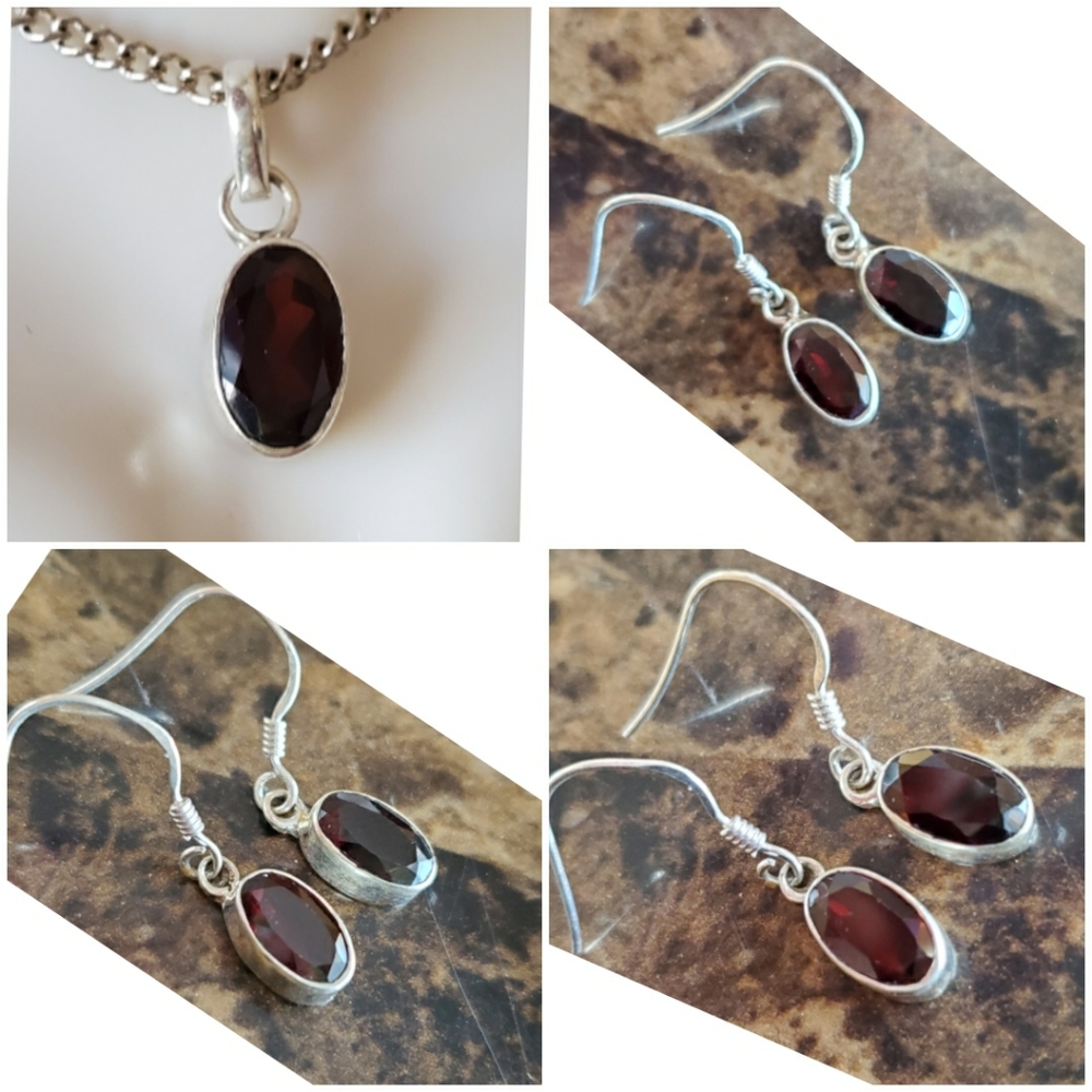 Genuine 1ct Deep Red Garnet Earrings and Pendant Set - Picture 4 of 7
